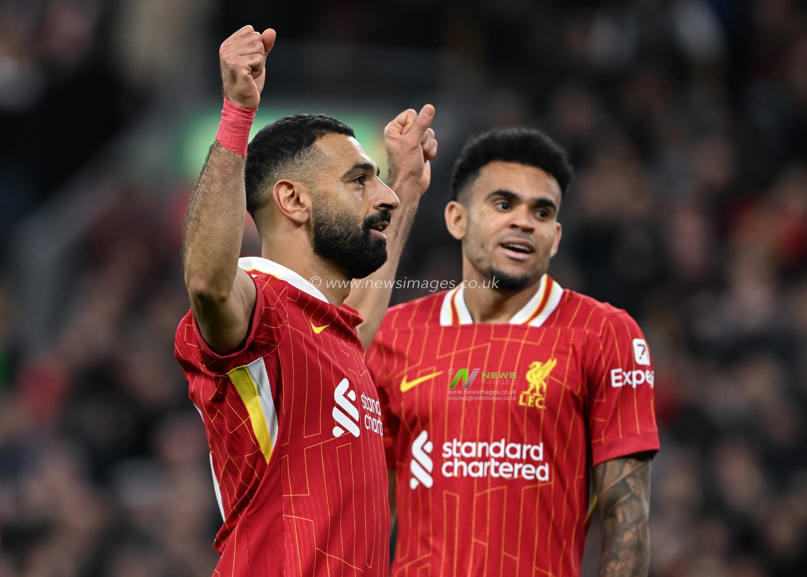 Mohamed Salah of Liverpool celebrates his goal to make it 2-1 Liverpool during the Premier League match Liverpool vs Brighton and Hove Albion at Anfield, Liverpool, United Kingdom, 2nd November 2024

(Photo by Cody Froggatt/News Images)