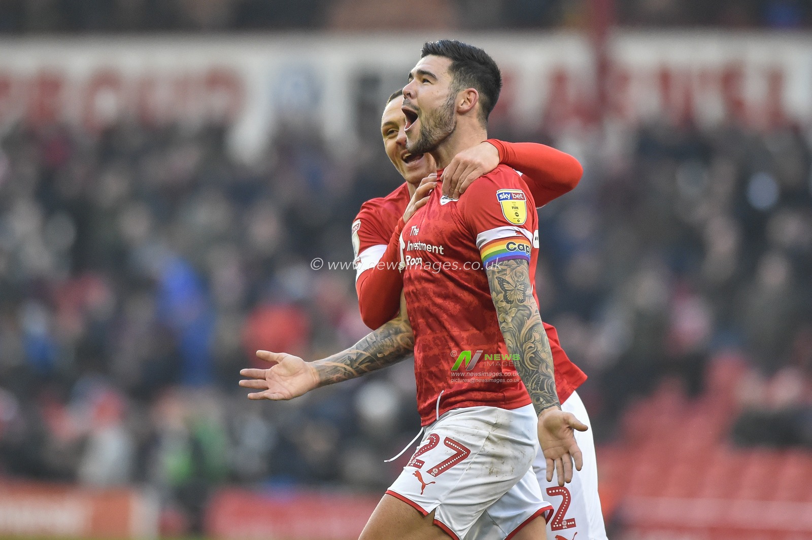 30th November 2019, Oakwell, Barnsley, England; Sky Bet Championship, Barnsley v Hull City :Alex Mowatt (27) of Barnsley FC celebrates scoring the opening goal in the Yorkshire derby.

Credit: Dean Williams/News Images