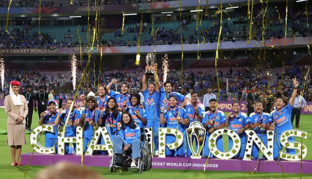 India women's team won the final celebrating with Trophy during the ICC Women's ODI Cricket World Cup Final 2025 session India Women vs South Africa Women at Dr. D.Y. Patil Sports Academy, Navi Mumbai, India, 2nd November 2025

(Photo by Shubhajit Roy Karmakar/News Images)