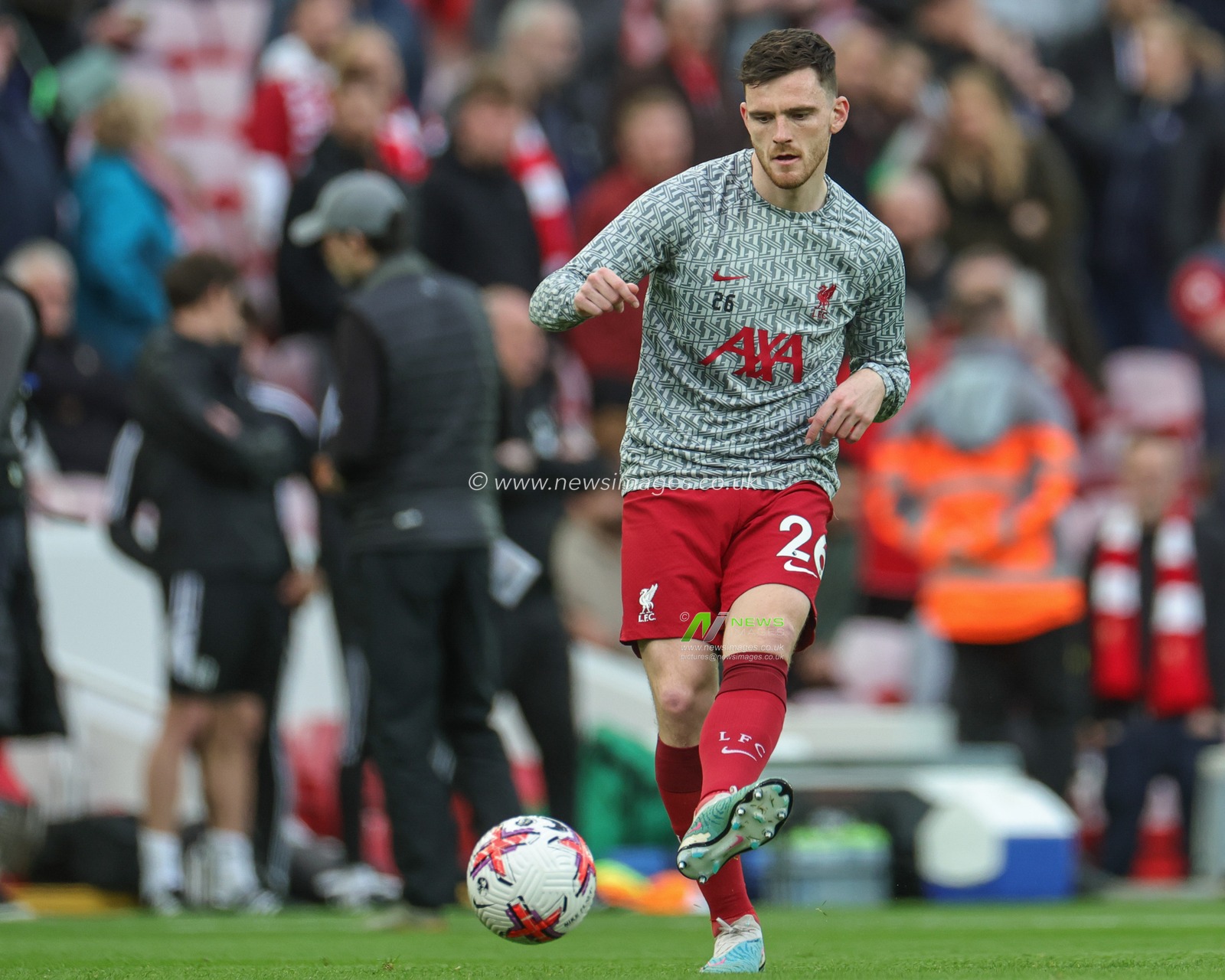 Andrew Robertson #26 of Liverpool during the pre-game warm up ahead of the Premier League match Liverpool vs Fulham at Anfield, Liverpool, United Kingdom, 3rd May 2023

(Photo by Mark Cosgrove/News Images)