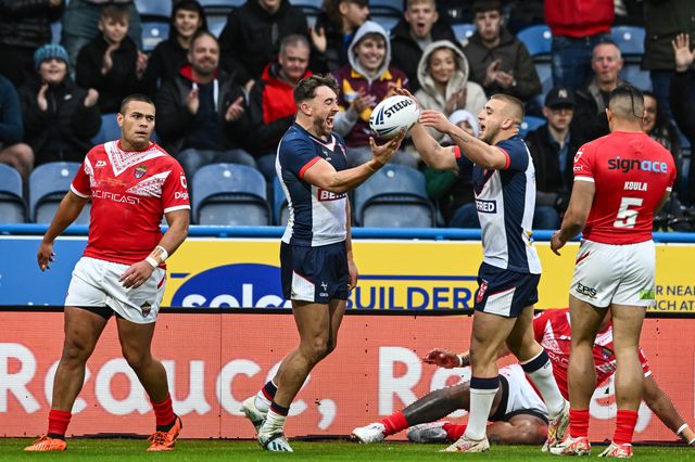 Matty Ashton of England celebrates his try during the Rugby League International match England vs Tonga at John Smith's Stadium, Huddersfield, United Kingdom, 28th October 2023

(Photo by Craig Thomas/News Images)