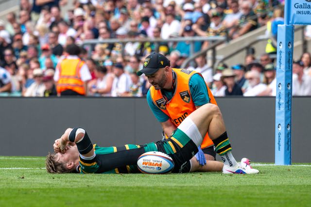 Archie McParland of Northampton Saints goes down injured following the Exeter try during the Gallagher PREM Final match Northampton Saints vs Exeter Chiefs at Allianz Stadium, Twickenham, United Kingdom on 20 June 2026.

(Photo by Alex Williamson/News Images)