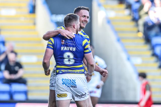 Ben Currie of Warrington Wolves celebrates his try during the Betfred Super League round 5 match Warrington Wolves vs Castleford Tigers at The Halliwell Jones Stadium, Warrington, United Kingdom on 21 March 2026

(Photo by Alfie Cosgrove/News Images)