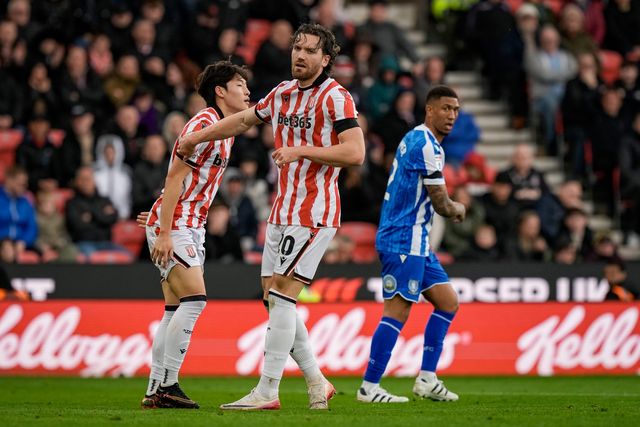 Sam Gallagher of Stoke City reacts after a missed chance on goal  during the Sky Bet Championship match Stoke City vs Sheffield Wednesday at Bet365 Stadium, Stoke On Trent, United Kingdom on 03 April 2026

(Photo by Maynard Manyowa/News Images)
