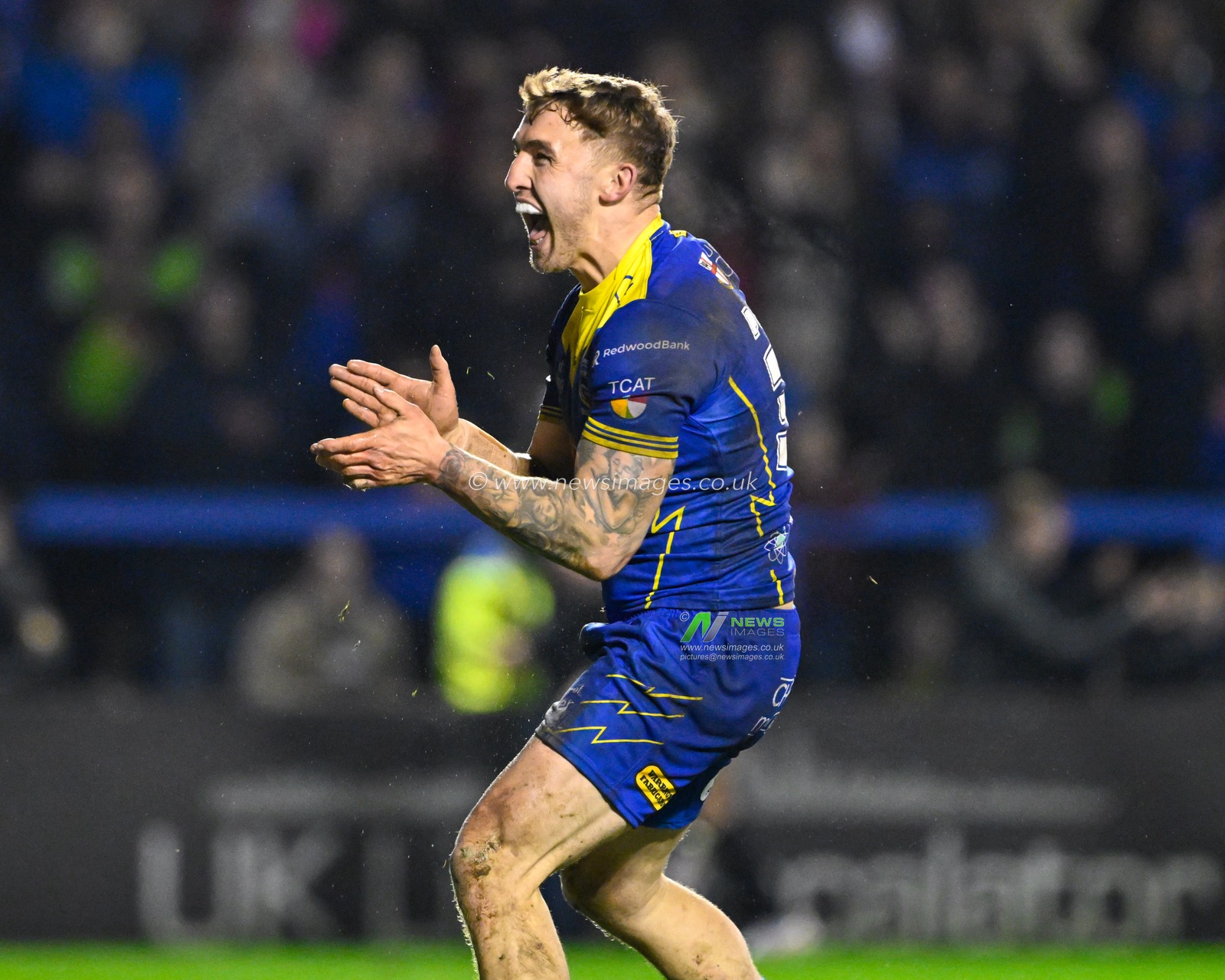Sam Powell celebrates his first try for Warrington make it 20-10 Warrington, during the Betfred Super League Round 2 match Warrington Wolves vs Hull FC at Halliwell Jones Stadium, Warrington, United Kingdom, 23rd February 2024

(Photo by Cody Froggatt/News Images)