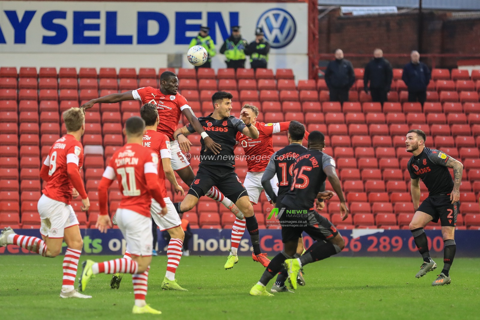 9th November 2019, Oakwell, Barnsley, England; Sky Bet Championship, Barnsley v Stoke City : Bambo Diaby (5) of Barnsley heads on goal 

Credit: Mark Cosgrove/News Images