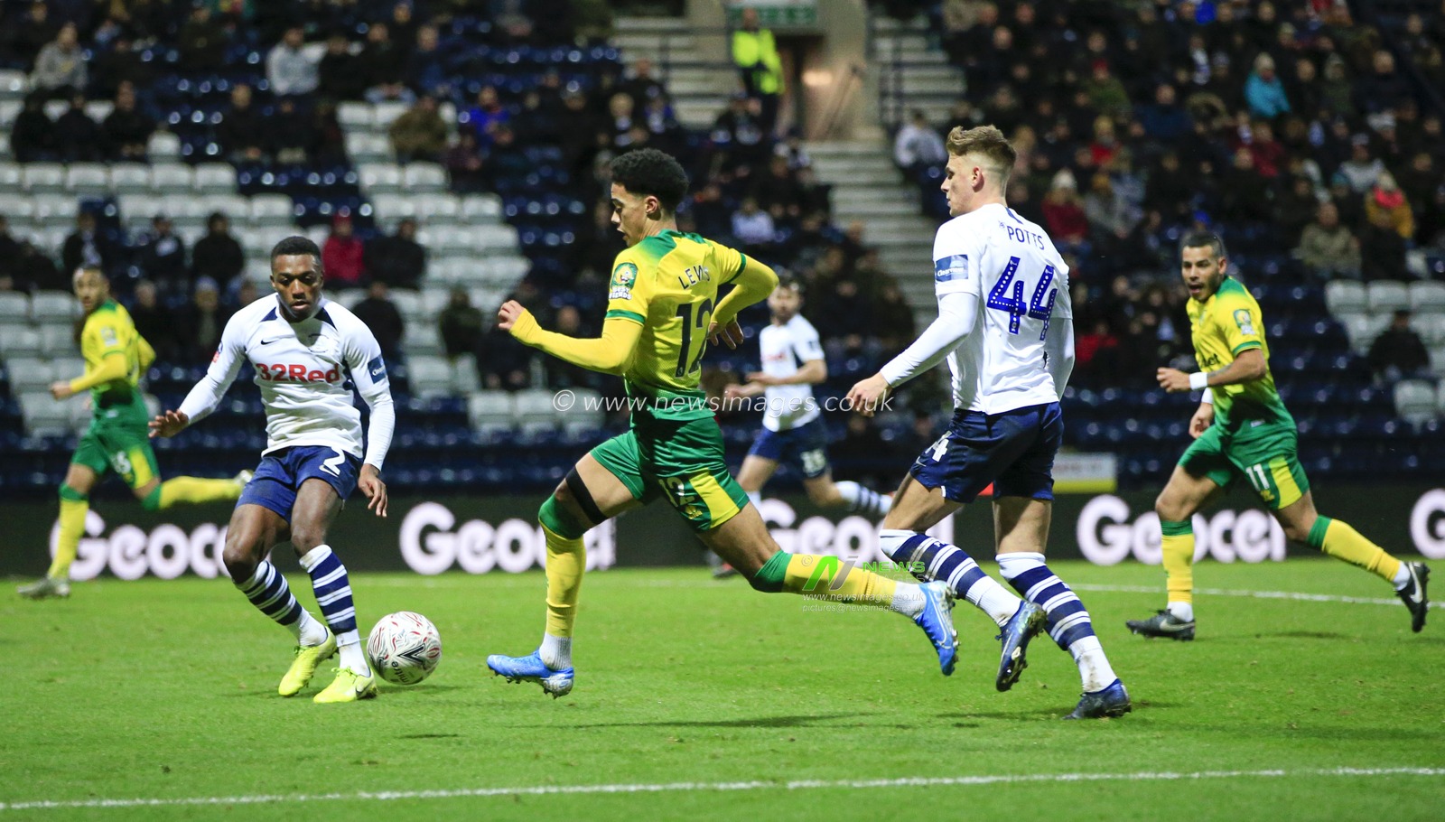 4th January 2020, Deepdale, Preston, England; Emirates FA Cup, Preston North End v Norwich City : Jamal Lewis (12) of Norwich City runs past Brad Potts (44) of Preston North End

Credit: Conor Molloy/News Images