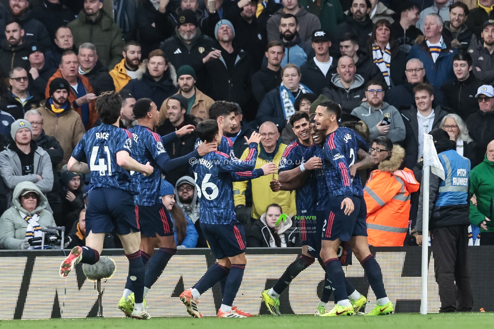 Noni Madueke of Arsenal and team mates celebrate the own goal of Leeds United goalkeeper Karl Darlow to make it 0-2 during the Premier League match Leeds United vs Arsenal at Elland Road, Leeds, United Kingdom, 31st January 2026

(Photo by Mark Cosgrove/News Images)