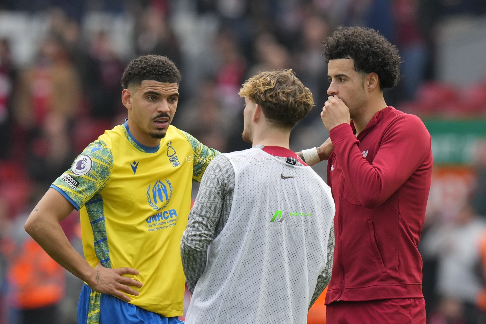 Morgan Gibbs-White #10 of Nottingham Forest speaks with Curtis Jones #17 of Liverpool and Harvey Elliott #19 of Liverpool during the Premier League match Liverpool vs Nottingham Forest at Anfield, Liverpool, United Kingdom, 22nd April 2023

(Photo by Steve Flynn/News Images)