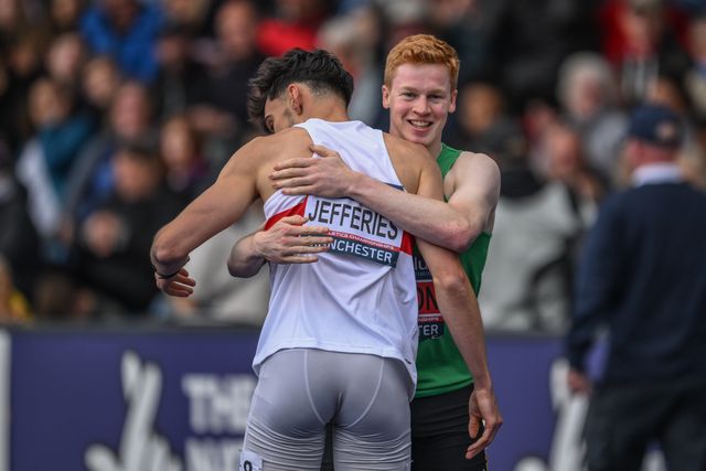 Charlie Dobson celebrates as he wins the mens 400m final and gets a place in the Olympics during the Microplus UK Athletics Championships Day 2 at Manchester Regional Arena, Manchester, United Kingdom, 30th June 2024

(Photo by Craig Thomas/News Images)