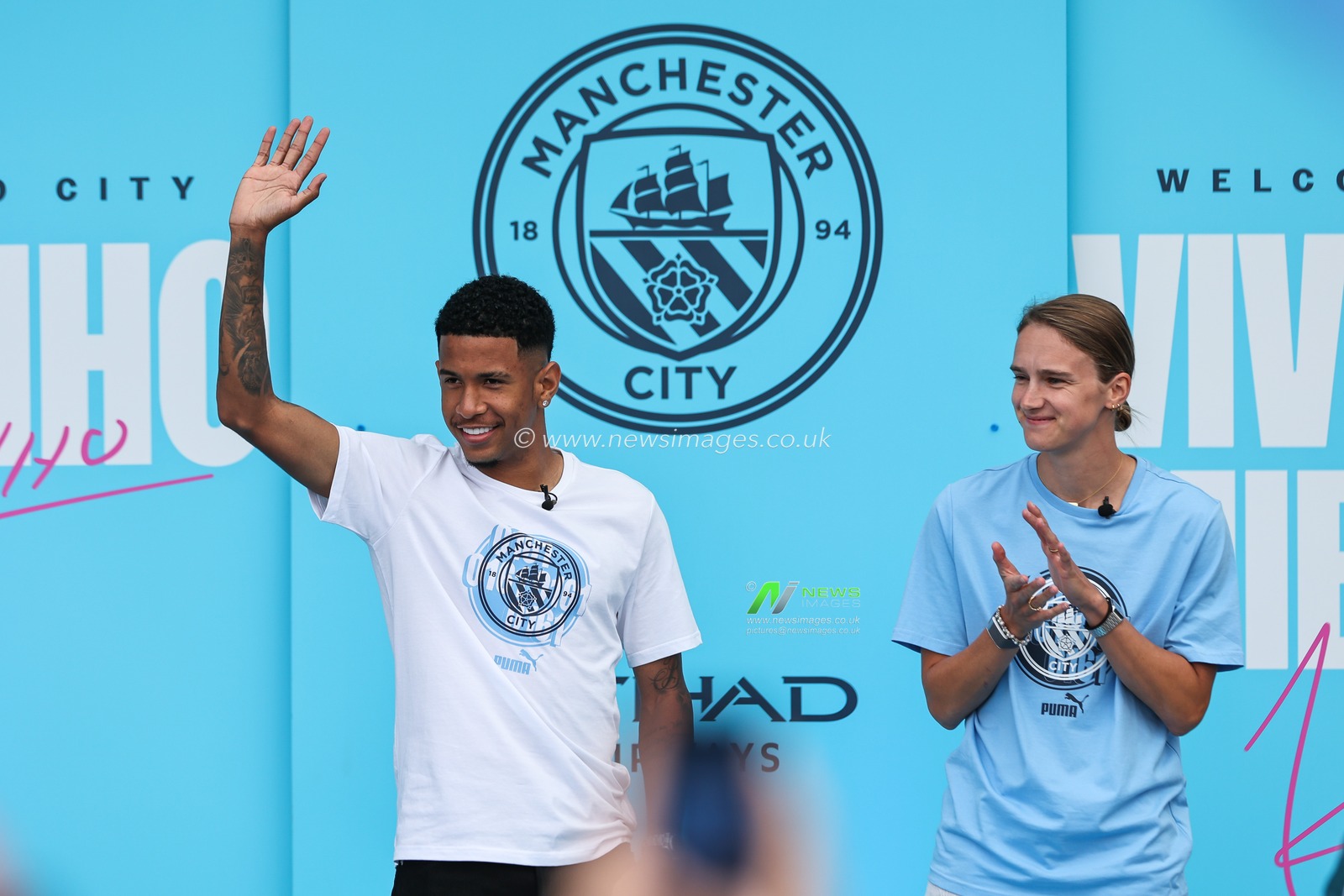 Savinho and Vivianne Miedema new Manchester City signings is introduced to supporters at Etihad Stadium, Manchester, United Kingdom, 4th August 2024

(Photo by Mark Cosgrove/News Images)