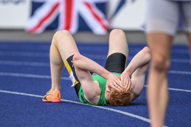 Charlie Dobson celebrates as he wins the mens 400m final and gets a place in the Olympics during the Microplus UK Athletics Championships Day 2 at Manchester Regional Arena, Manchester, United Kingdom, 30th June 2024

(Photo by Craig Thomas/News Images)