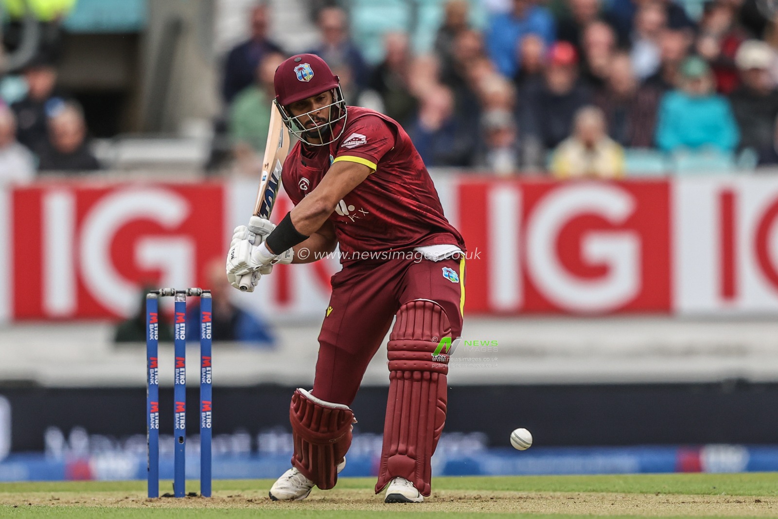 Brandon King of West Indies hits the ball for four runs during the 3rd Metro Bank ODI England v West Indies at The Kia Oval, London, United Kingdom, 3rd June 2025

(Photo by Alfie Cosgrove/News Images)