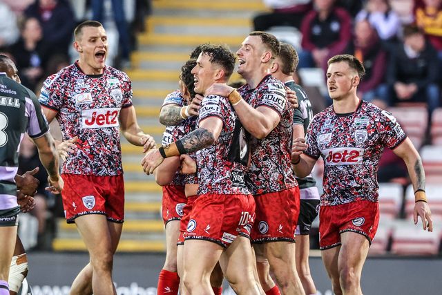 Lachlan Lam of Leigh Leopards celebrates his try during the Betfred Super League round 9 match Leigh Leopards vs Huddersfield Giants at Leigh Sports Village, Leigh, United Kingdom on 23 April 2026

(Photo by Alfie Cosgrove/News Images)