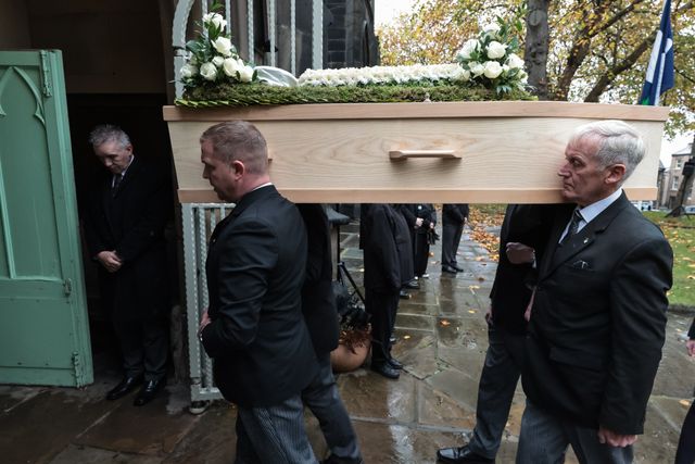 Harold Dennis “Dickie” Bird OBE coffin makes its way to the alter inside during the Funeral of Harold Dennis “Dickie” Bird OBE at St Mary's Church, Barnsley, United Kingdom, 19th October 2025

(Photo by Mark Cosgrove/News Images)