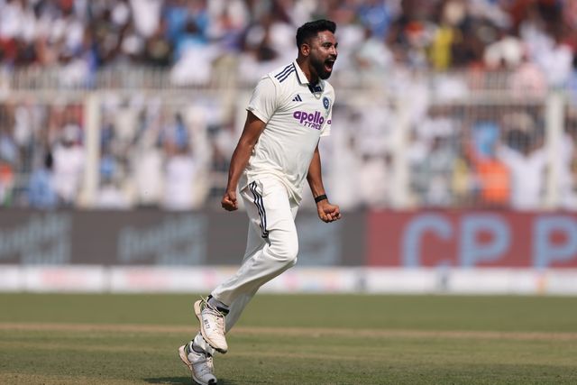 Mohammed Siraj of India took wicket of Keshav Maharaj of South Africa by lbw and celebrates during the IDFC First Bank Test Day 3 match India vs South Africa at Eden Gardens, Kolkata, India, 16th November 2025

(Photo by Shubhajit Roy Karmakar/News Images)
