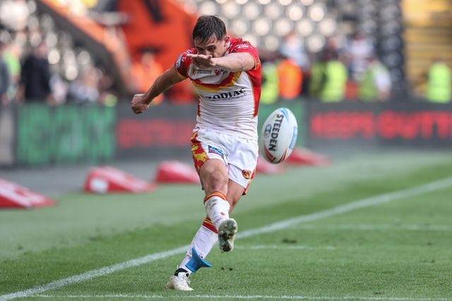 Arthur Mourgue of Catalan Dragons converts for a goal during the Betfred Super League Round 27 match Hull FC vs Catalans Dragons at MKM Stadium, Hull, United Kingdom, 21st September 2024

(Photo by Alfie Cosgrove/News Images)