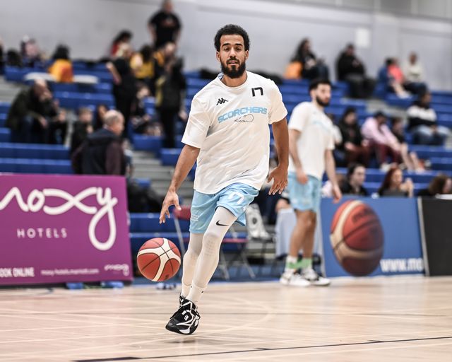 Justin Robinson of Surrey Scorchers during pre match warm ups ahead of the British Basketball Championship match Cheshire Phoenix vs Surrey Scorchers at Ellesmere Port Sports Village, Ellesmere Port, United Kingdom, 19th November 2023

(Photo by Craig Thomas/News Images)