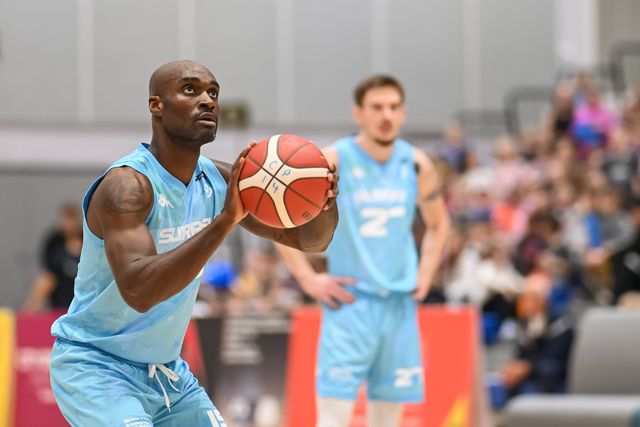 Tayo Ogedengbe of Surrey Scorchers shots from the free throw line during the British Basketball Championship match Cheshire Phoenix vs Surrey Scorchers at Ellesmere Port Sports Village, Ellesmere Port, United Kingdom, 19th November 2023

(Photo by Craig Thomas/News Images)