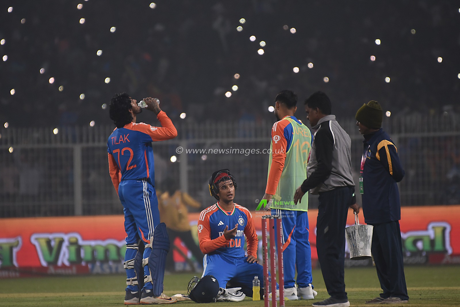 Abhishek Sharma of India interacts with teammate Tilak Varma during the T20 International match between India and England at Eden Gardens on January 22, 2025 in Kolkata, India.Pictures by Debajyoti Chakraborty(Photo: Debajyoti Chakraborty/News Images)