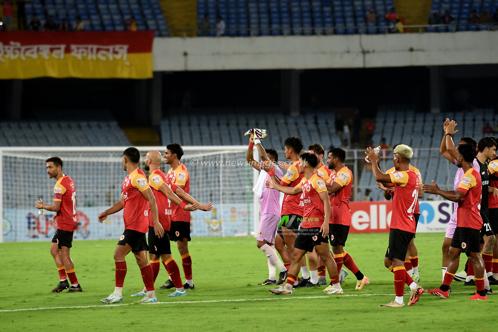 East Bengal FC midfielder Mohamad Basim Rashid with team members celebrates during the 134th edition of the Durand Cup opening football match between East Bengal FC and  South United FC at the Vivekananda Yuba Bharati Krirangan in Kolkata, India on July 23,2025.Durand Cup football tournament is one of the oldest football tournament in India played for last 134 years, will be staged in Kolkata under the sponsorship of the Indian Army. Photo by Debajyoti Chakraborty. the score  East Bengal FC-5 and  South United FC -0.(Photo: Debajyoti Chakraborty/News Images)