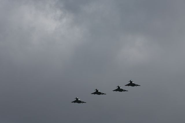 Four RAF Eurofighter Typhoon FGR Mk4 make a tower flyby as the prepare to land during a flight training day at RAF Coningsby, Coningsby, United Kingdom, 22nd September 2025

(Photo by Mark Cosgrove/News Images)