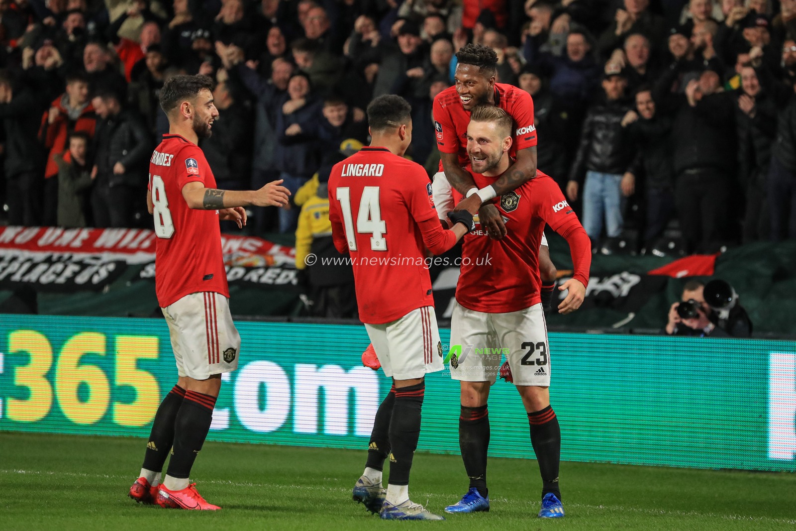 5th March 2020, Pride Park Stadium, Derby, England; Emirates FA Cup 5th Round, Derby County v Manchester United : Luke Shaw (23) of Manchester United celebrates his goal to make it 0-1 with team mates