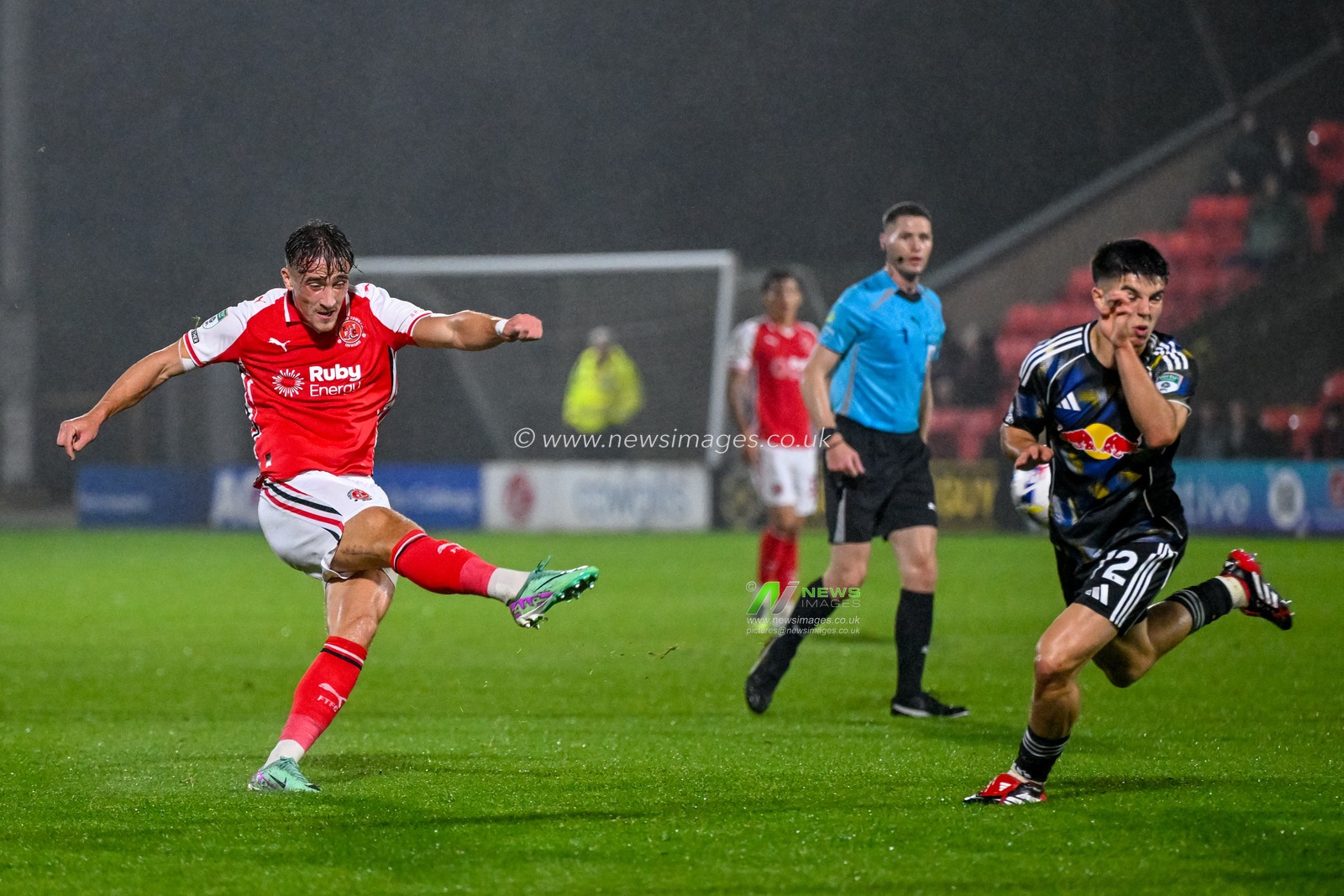 'f14/ takes a strike at the Leeds goal during the The Vertu Trophy match Fleetwood Town vs Leeds United Academy at Highbury Stadium, Fleetwood, United Kingdom, 7th October 2025

(Photo by Adam Gee/News Images)