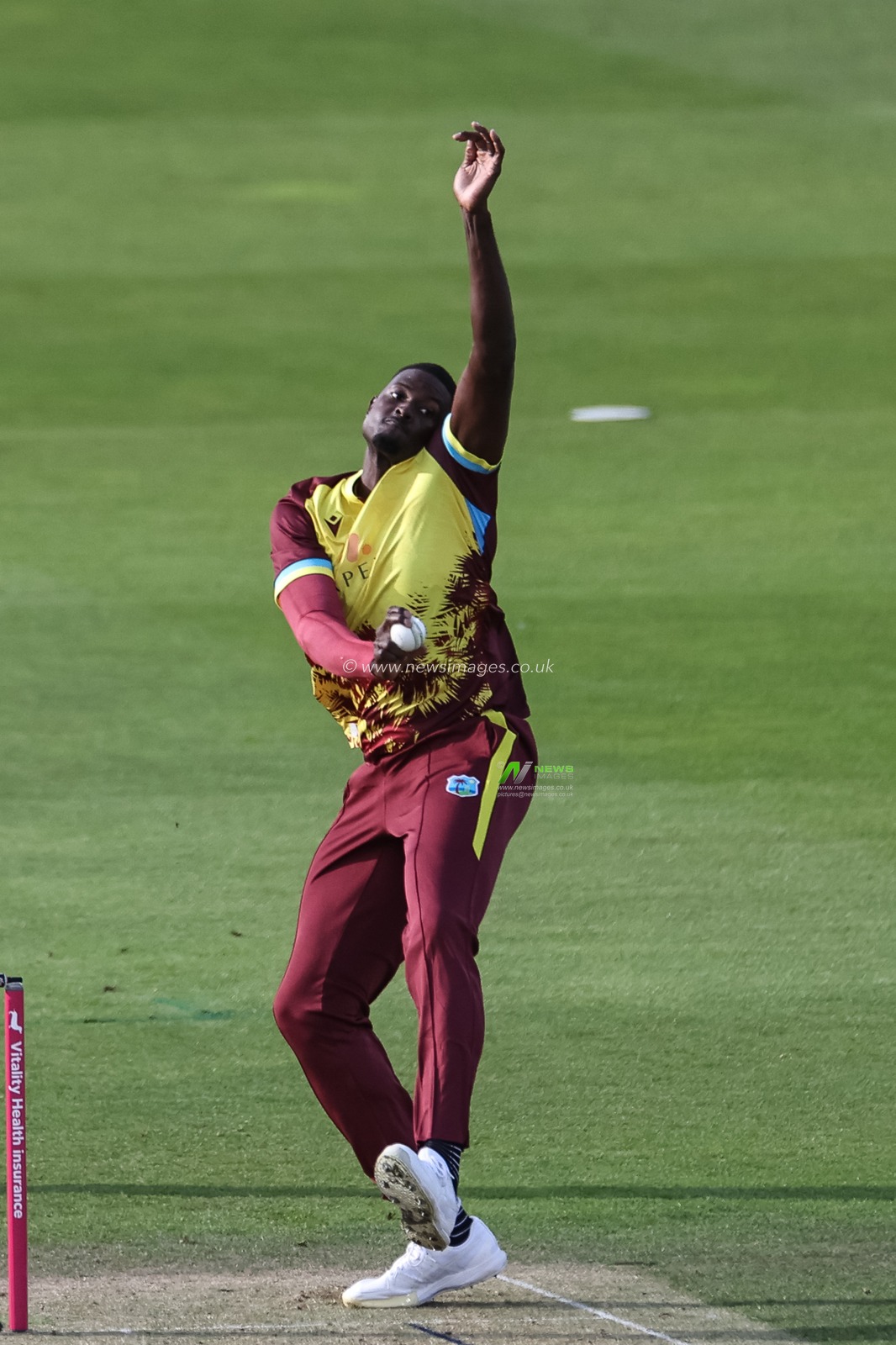 Jason Holderof West Indies delivers the ball during the 1st Vitality T20 International Series England v West Indies at Banks Homes Riverside Stadium, Chester-le-street, United Kingdom, 6th June 2025

(Photo by Mark Cosgrove/News Images)