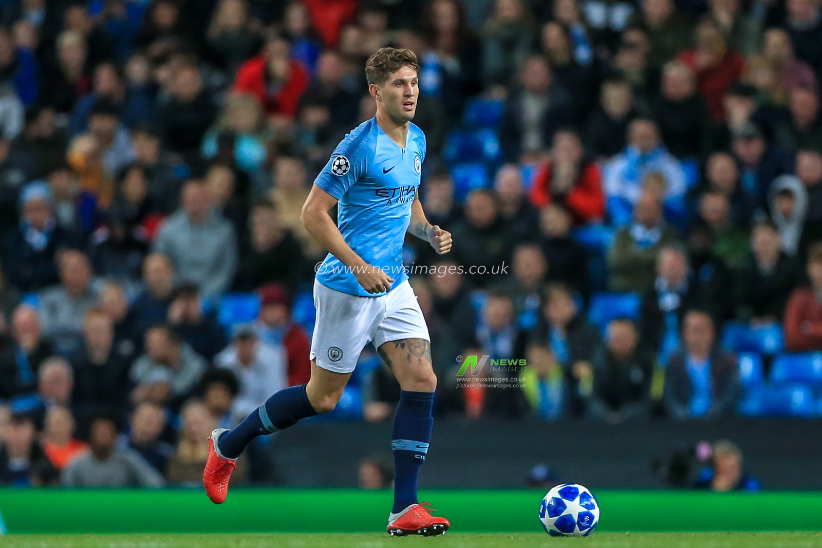 19th September 2018, Etihad Stadium, London, England; UEFA Champions League, Manchester City v Lyon ; John Stones (05) of Manchester City with the ball

Credit: Mark Cosgrove/News Images