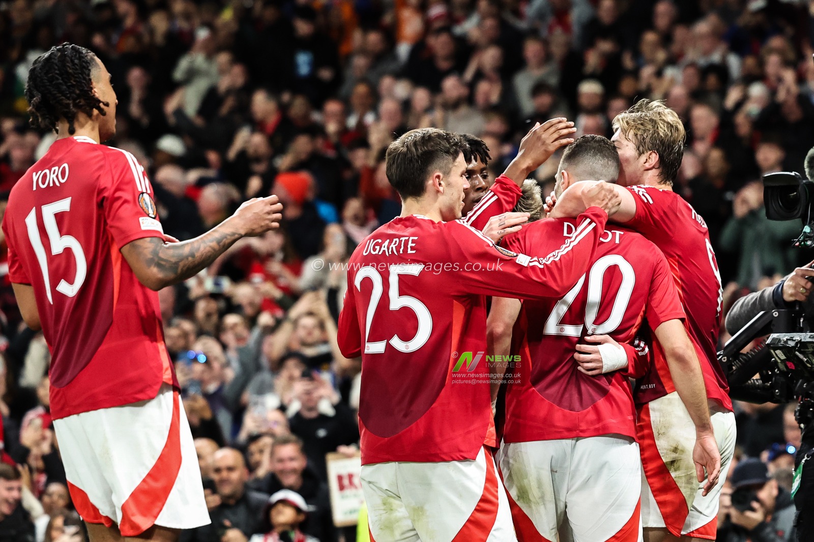 Diogo Dalot of Manchester United celebrates his goal to make it 2-0 during the UEFA Europa League Quarter-finals match Manchester United vs Lyon at Old Trafford, Manchester, United Kingdom, 17th April 2025

(Photo by Mark Cosgrove/News Images)