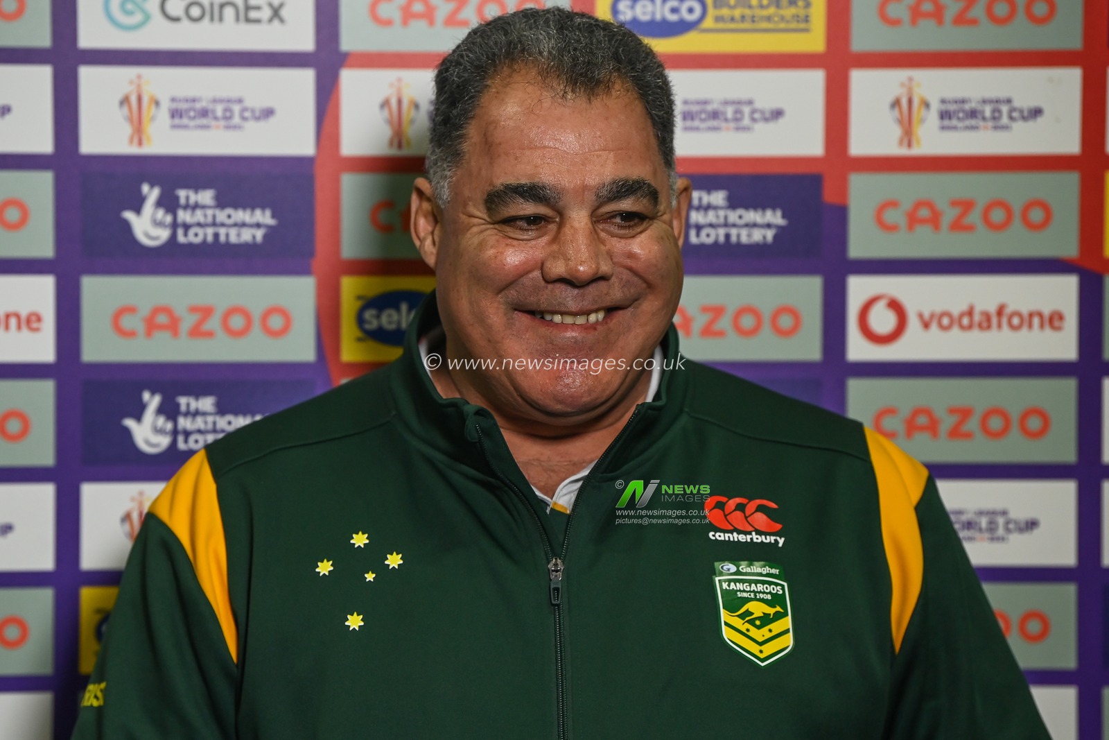 Mal Meninga Head Coach of Australia during the pre game interview ahead of the Rugby League World Cup 2021 match Australia vs Italy at Totally Wicked Stadium, St Helens, United Kingdom, 29th October 2022

(Photo by Craig Thomas/News Images)