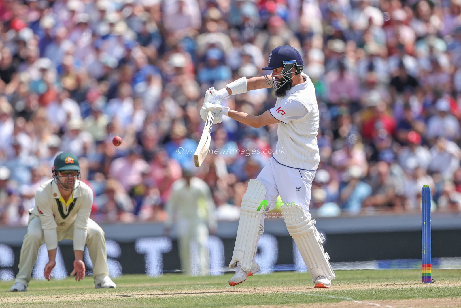 Moeen Ali of England faces a ball from Pat Cummings of Australia during the LV= Insurance Ashes Third Test Series Day 2 England v Australia at Headingley Stadium, Leeds, United Kingdom, 7th July 2023

(Photo by Mark Cosgrove/News Images)