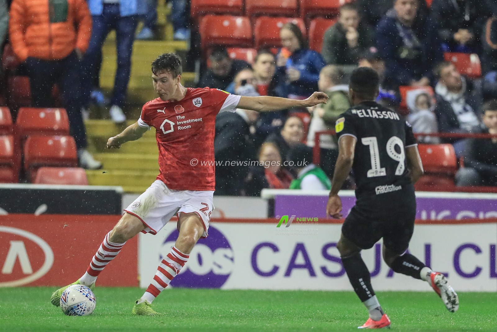 1st November 2019, Oakwell, Barnsley, England; Sky Bet Championship, Barnsley v Bristol City : Aapo Halme (24) of Barnsley clears the ball as Niclas Eliasson (19) of Bristol City pressures 

Credit: Mark Cosgrove/News Images