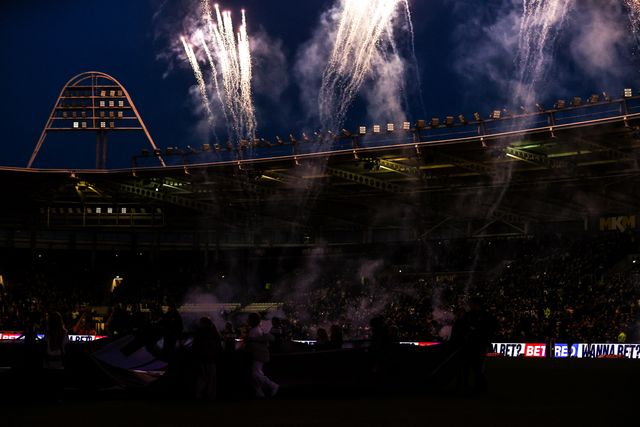 The pre-match firework display during the Betfred Super League round 1 match Hull FC vs Bradford Bulls at MKM Stadium, Hull, United Kingdom on 14 February 2026

(Photo by Alfie Cosgrove/News Images)