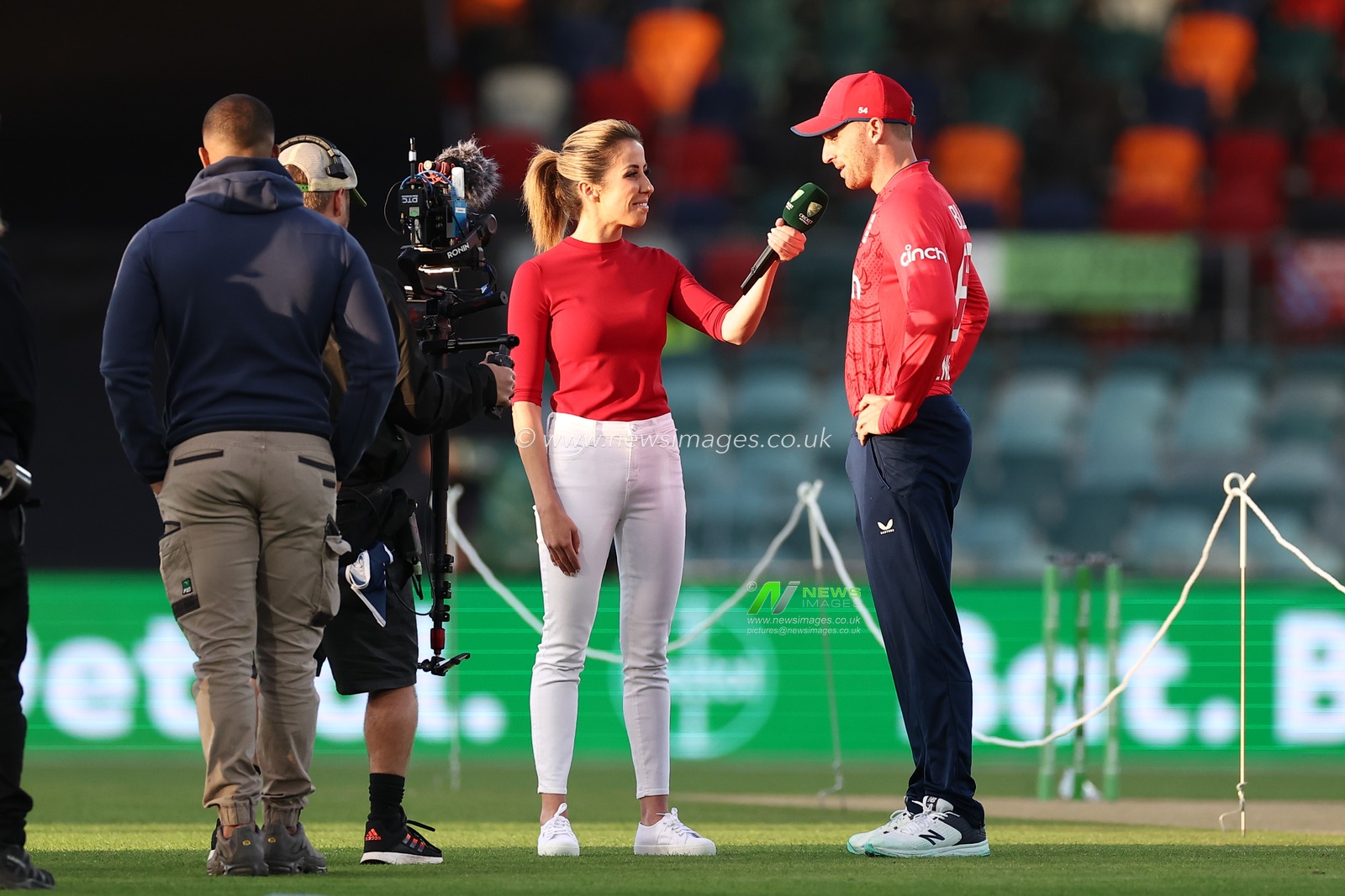 Jos Buttler (c) of England is seen after Australia win the toss prior to the Dettol T20I Series 3 of 3 Australia vs England at Manuka Oval, Canberra, Australia, 14th October 2022

(Photo by Patrick Hoelscher/News Images)