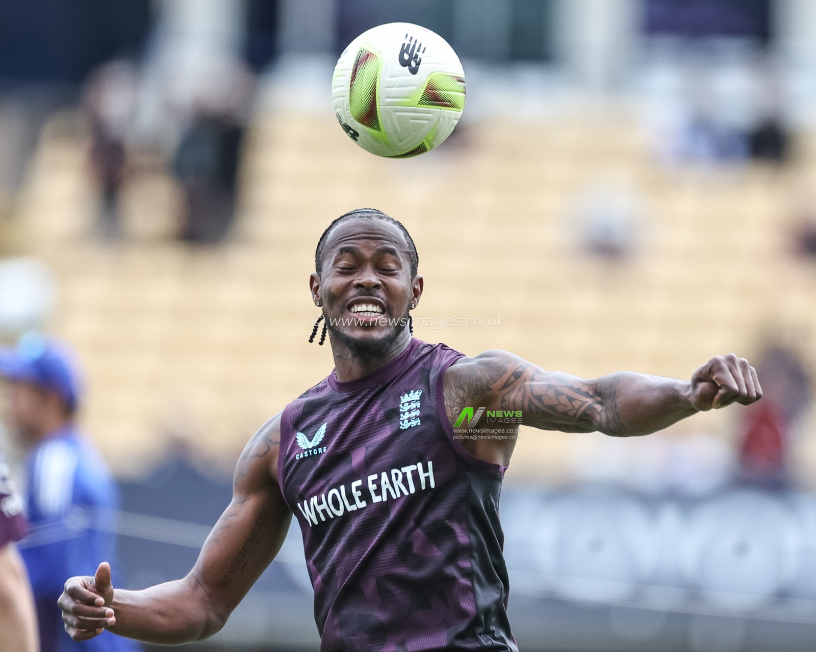 Jofra Archer of England heading the ball in the pre-game warm up session during the 2nd Rothesay Test Match day 4 England v India at Edgbaston, Birmingham, United Kingdom, 5th July 2025

(Photo by Mark Cosgrove/News Images)