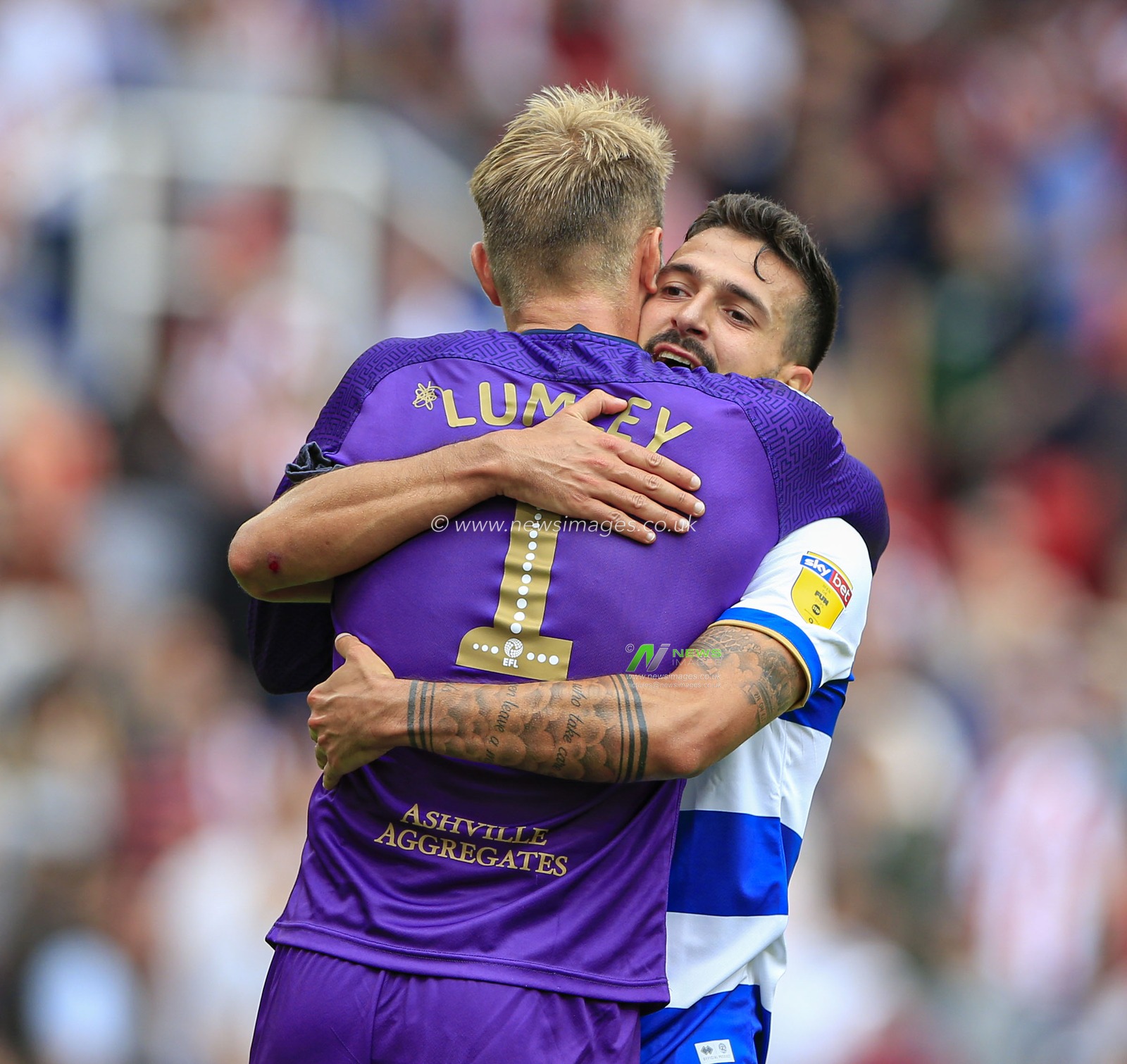3rd August 2019, Bet365 Stadium, Stoke-on-Trent, England; Sky Bet Championship, Stoke City v Queens Park Rangers ; Yoann Barbet (29) of Queens Park Rangers celebrates the 1-2 victory with goalkeeper Joe Lumley (01)

Credit: Conor Molloy/News Images

English Football League images are subject to DataCo Licence