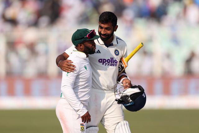 Jasprit Bumrah of India congratulates Teamba Bavuma (Captain) of South Africa after South Africa won by 30 runs during the IDFC First Bank Test Day 3 match India vs South Africa at Eden Gardens, Kolkata, India, 16th November 2025

(Photo by Shubhajit Roy Karmakar/News Images)