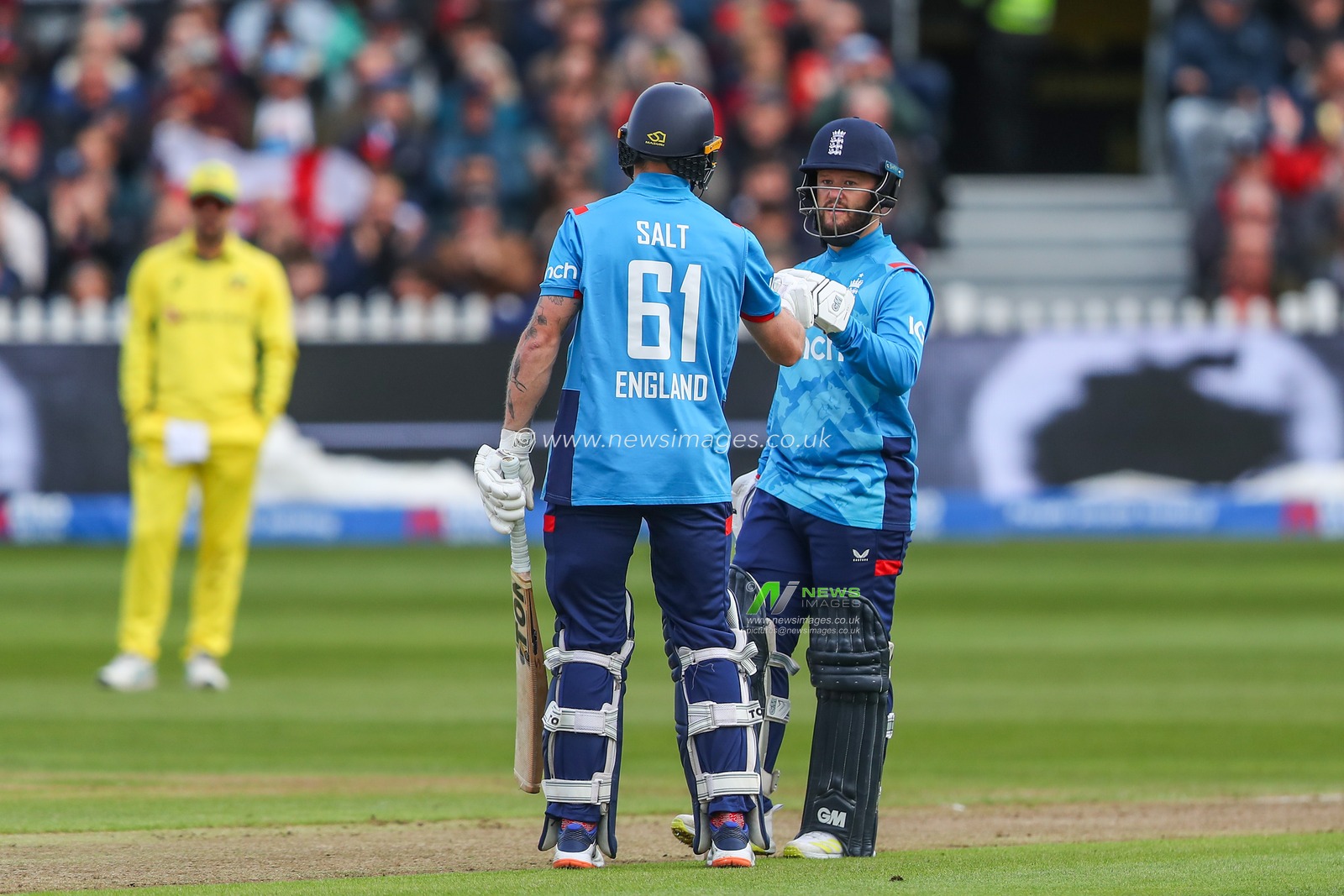 Phil Salt of England and Ben Duckett of England first bump after Phil Salt of England hits a six during the Fifth Metro Bank One Day International match England vs Australia at Seat Unique Stadium, Bristol, United Kingdom, 29th September 2024

(Photo by Gareth Evans/News Images)