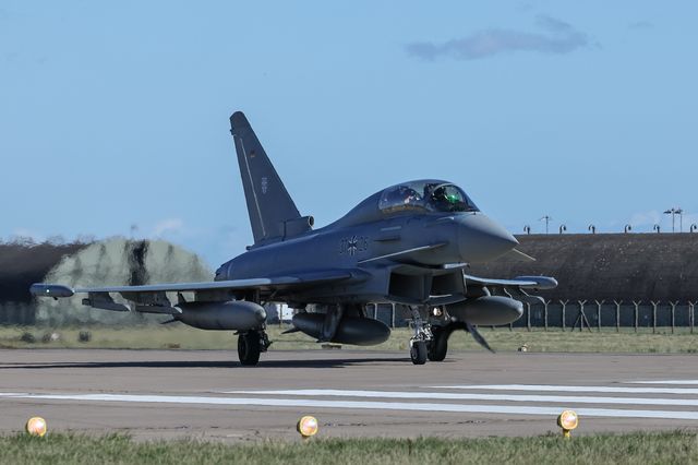 A German Air Force Eurofighter Typhoon FGR Mk4 taxies back to the pan during a flight training day at RAF Coningsby, Coningsby, United Kingdom, 22nd September 2025

(Photo by Mark Cosgrove/News Images)
