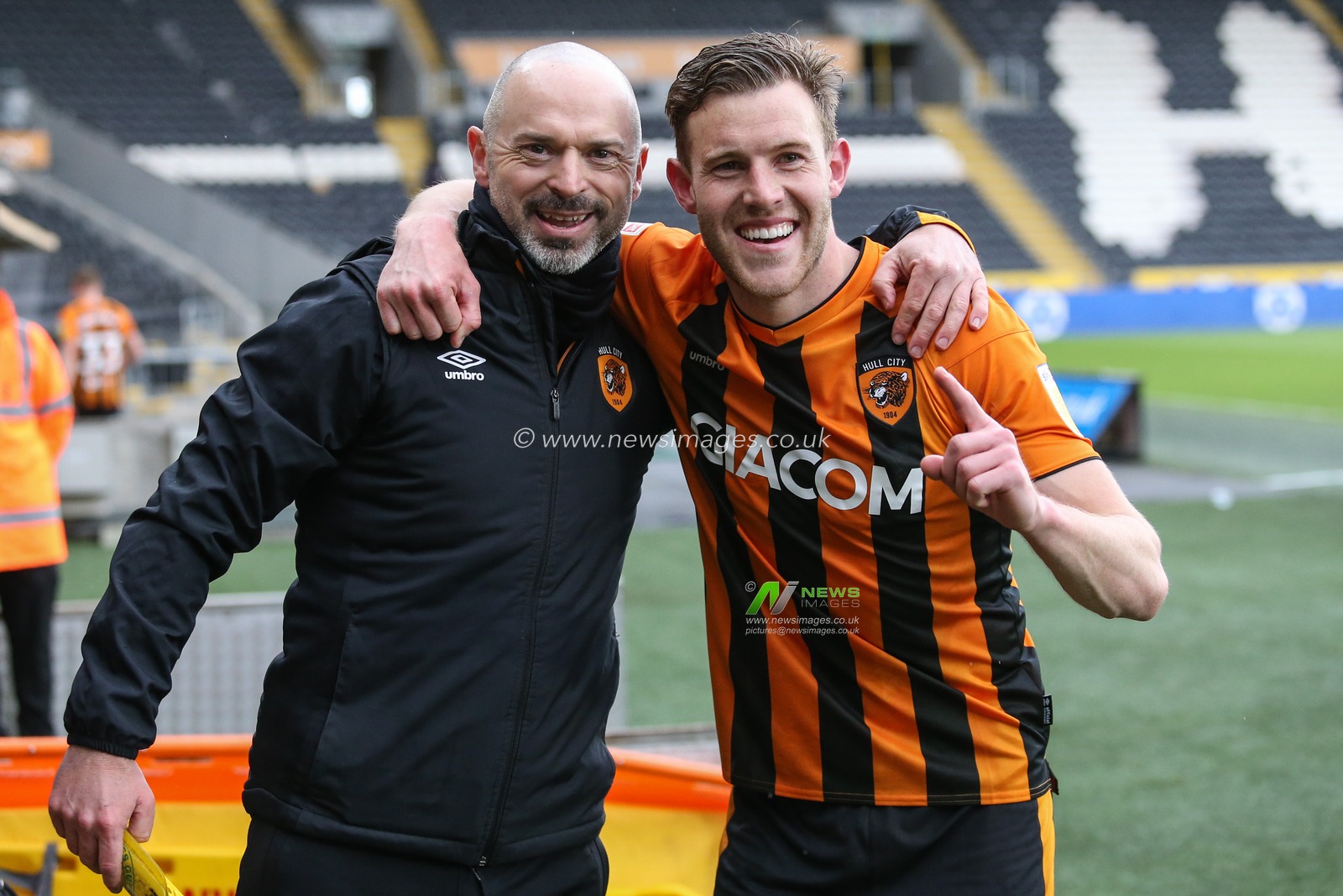 Hull City Kit man John Eyre celebrates with Callum Elder #3 of Hull City