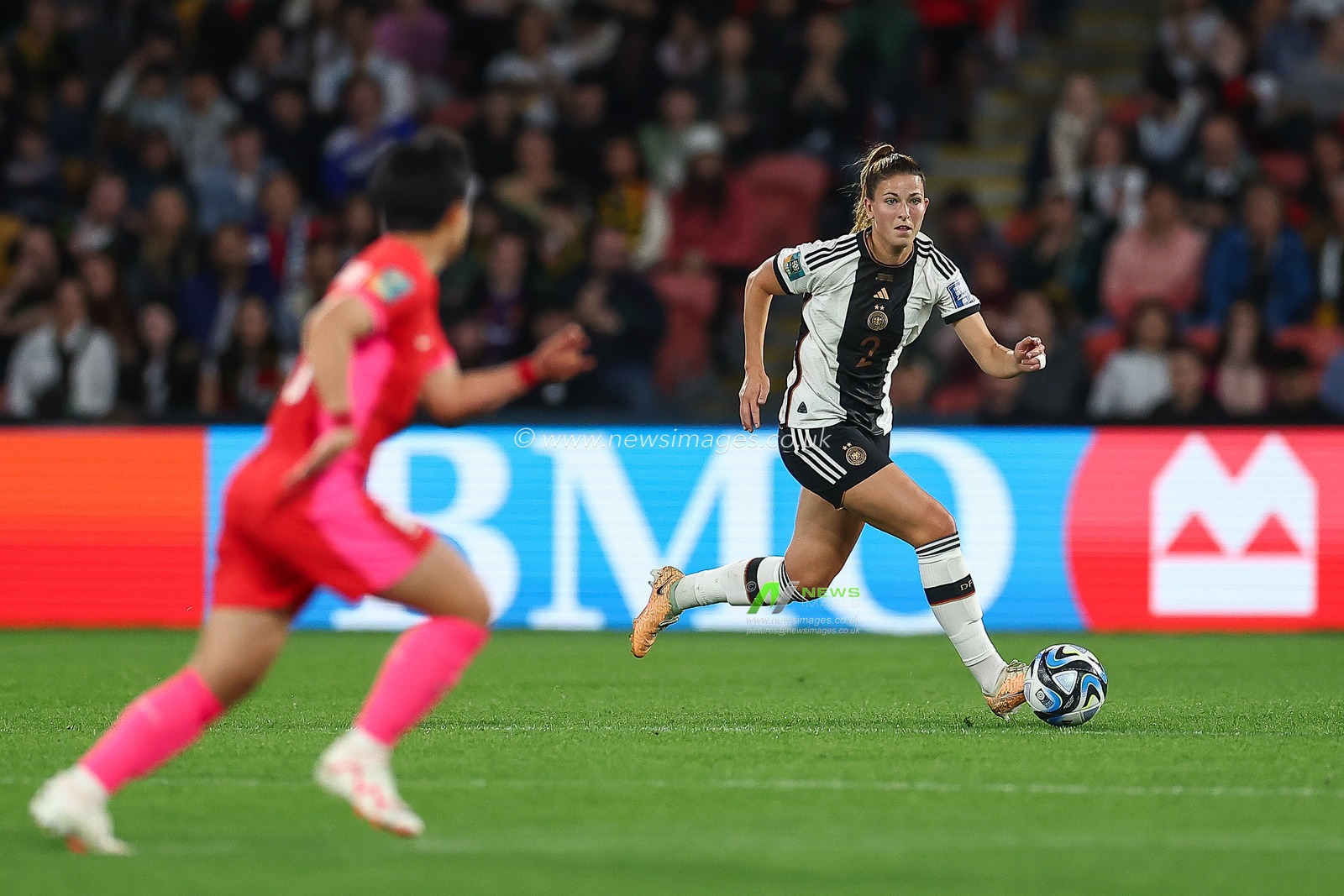 Lena Oberdorf #6 of Germany makes a break with the ball during the FIFA Women's World Cup 2023 Group H South Korea Women vs Germany Women at Adelaide Oval, Adelaide, Australia, 3rd August 2023

(Photo by Patrick Hoelscher/News Images)