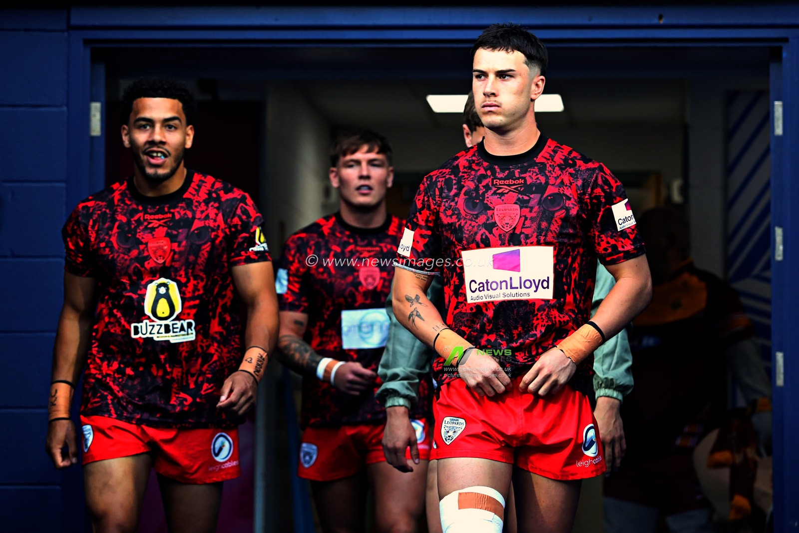 David Armstrong of Leigh Leopards and Darnell McIntosh of Leigh Leopards walk out to warm up before the Betfred Super League Round 13 match Huddersfield Giants vs Leigh Leopards at John Smith's Stadium, Huddersfield, United Kingdom, 29th May 2025

(Photo by Sam Eaden/News Images)
