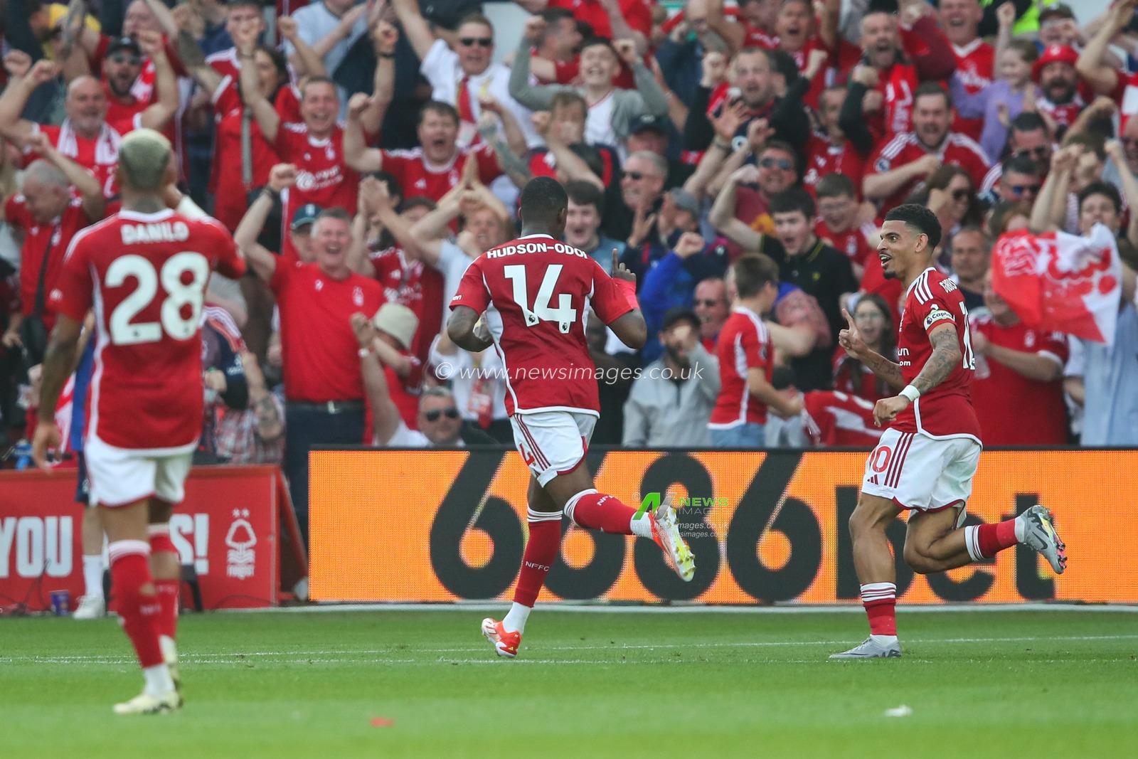 Callum Hudson-Odoi of Nottingham Forest celebrates his goal to make it 2-1 during the Premier League match Nottingham Forest vs Chelsea at City Ground, Nottingham, United Kingdom, 11th May 2024

(Photo by Gareth Evans/News Images)