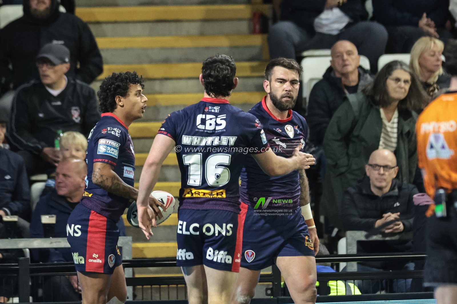 Kyle Feldt of St Helens celebrates his try with Matt Whitley of St Helens during the Betfred Super League Round 26 match Leigh Leopards vs St Helens at Leigh Sports Village, Leigh, United Kingdom, 12th September 2025

(Photo by Mark Cosgrove/News Images)