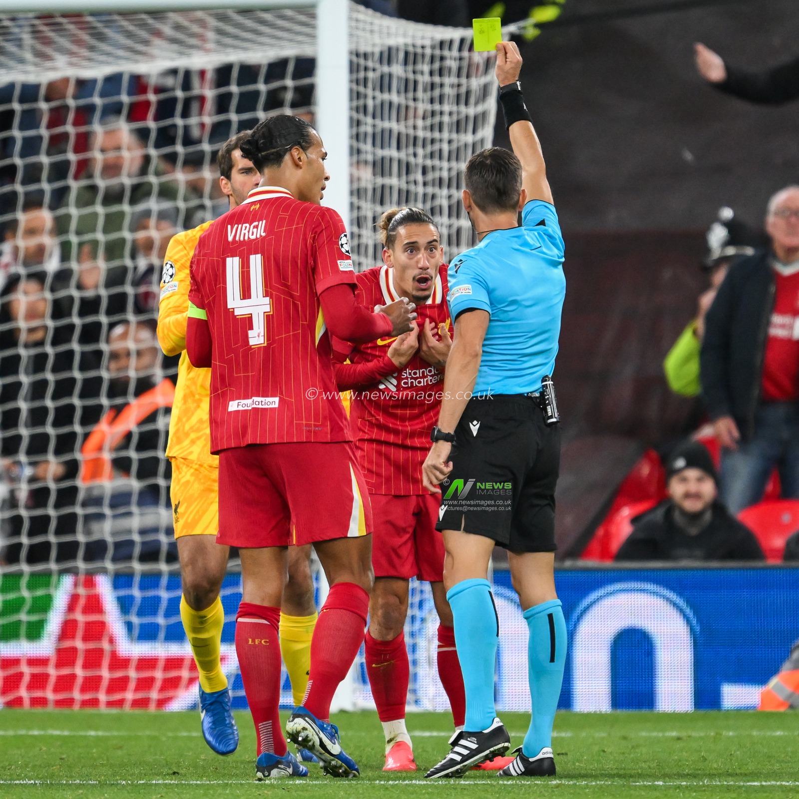 Kostas Tsimikas of Liverpool receives a yellow card during the UEFA Champions League  - League Stage match Liverpool vs Bologna at Anfield, Liverpool, United Kingdom, 2nd October 2024

(Photo by Craig Thomas/News Images)