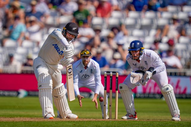 Devon Conwayof New Zealand hits the ball to score 100 runs during the 3rd Rothesay Test Match Day 1 match England vs New Zealand at Trent Bridge, Nottingham, United Kingdom on 25 June 2026

(Photo by Maynard Manyowa/News Images)