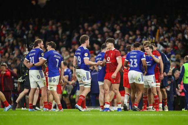 Players shake hands at the final whistle during the Guinness Six Nations match Wales vs France at Principality Stadium, Cardiff, United Kingdom, 15th February 2026

(Photo by Andrew Lewis/News Images)
