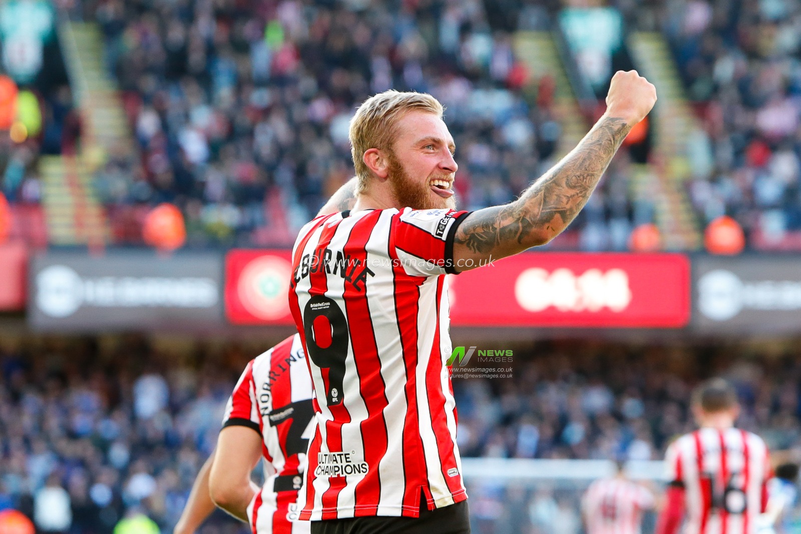 Oliver McBurnie #9 of Sheffield United Celebrates scoring a goal to make it 1-0 during the Sky Bet Championship match Sheffield United vs Birmingham City at Bramall Lane, Sheffield, United Kingdom, 1st October 2022

(Photo by Ben Early/News Images)
